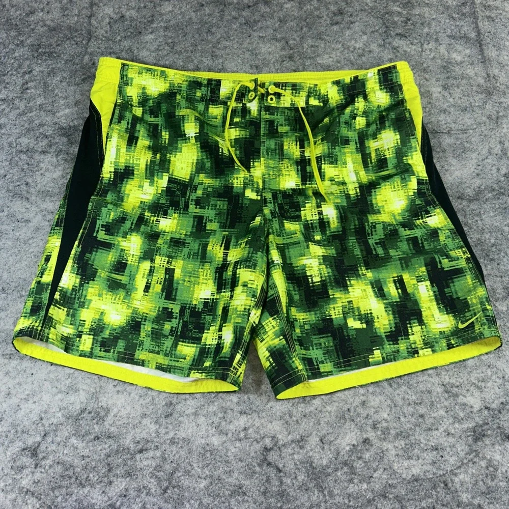 Nike Swim Trunks Hybrid Men's XL Neon Green Swoosh Mesh Lined‎ Shorts Bottoms
